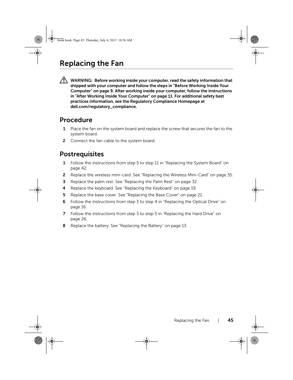 Replacing the fan, Procedure, Postrequisites | Dell Inspiron 17 (3737, Mid 2013) User Manual | Page 45 / 71