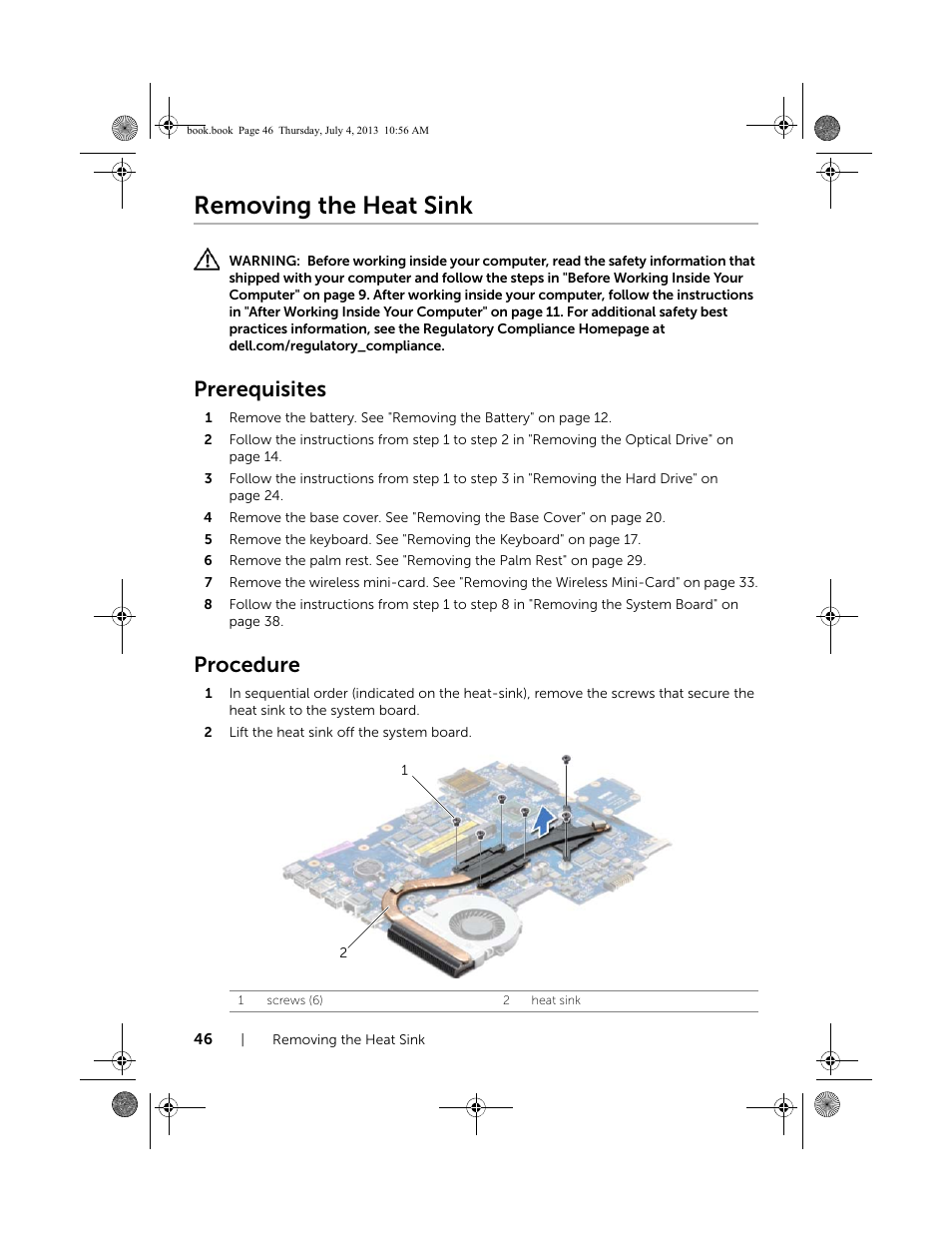 Removing the heat sink, Prerequisites, Procedure | Dell Inspiron 17 (3737, Mid 2013) User Manual | Page 46 / 71