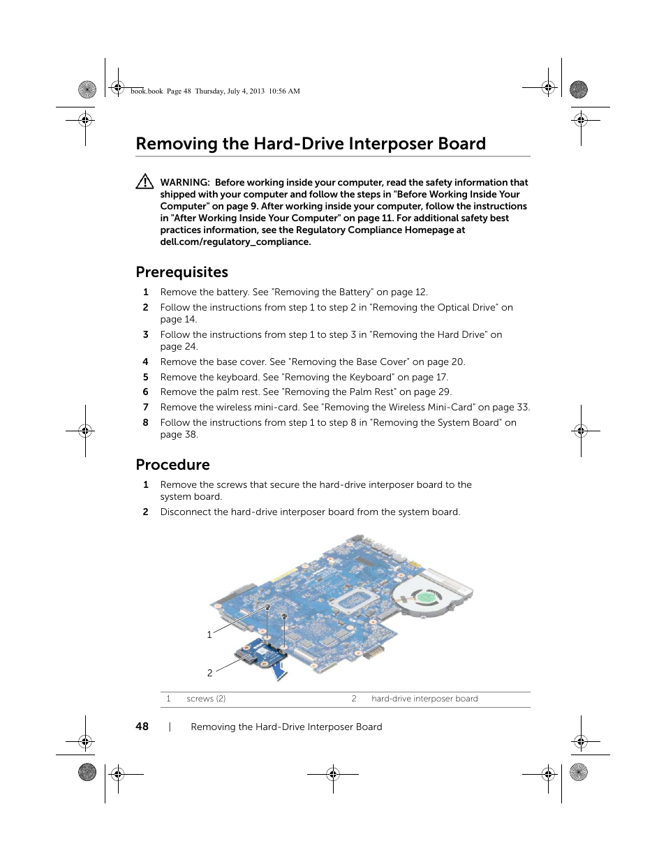 Removing the hard-drive interposer board, Prerequisites, Procedure | Dell Inspiron 17 (3737, Mid 2013) User Manual | Page 48 / 71