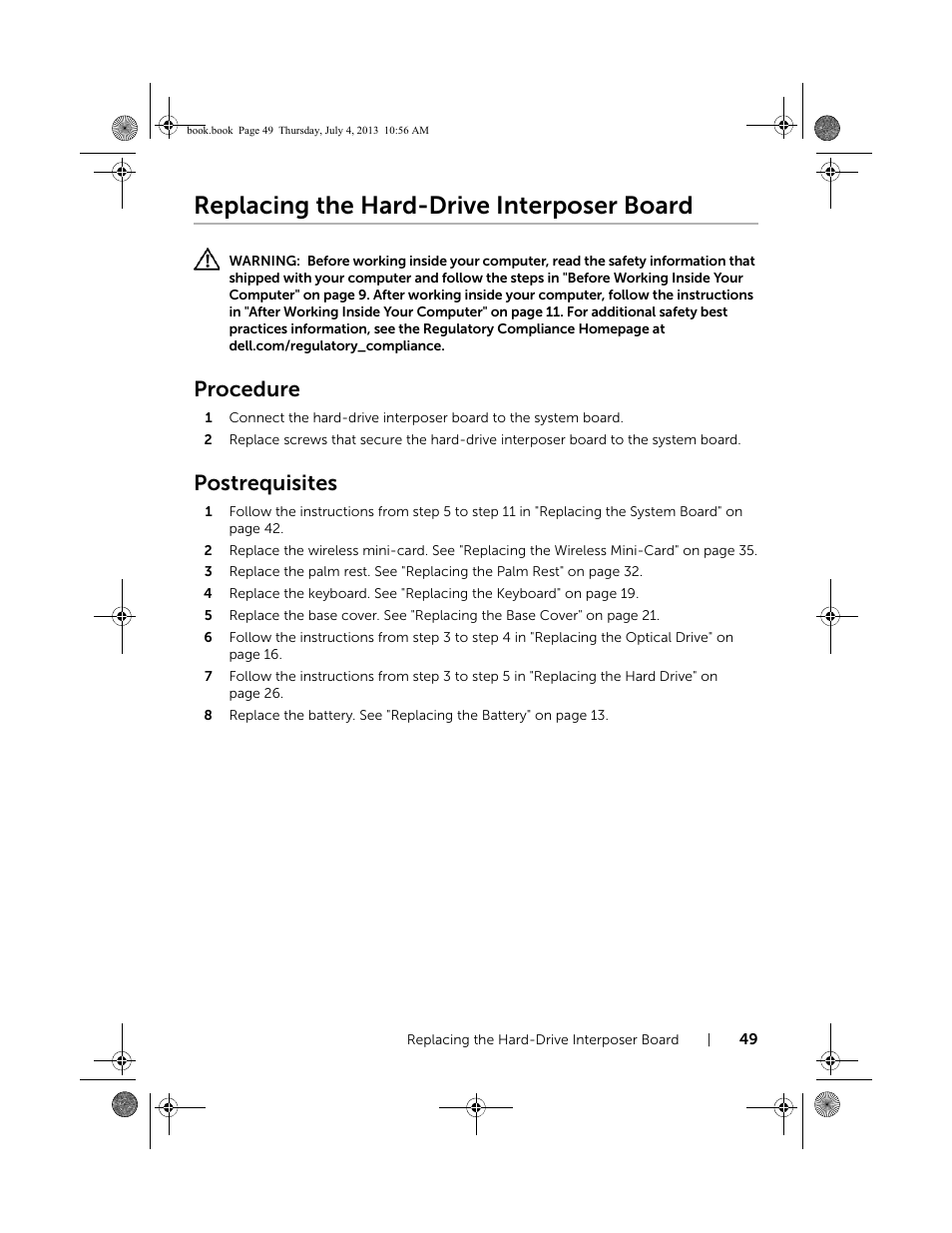 Replacing the hard-drive interposer board, Procedure, Postrequisites | Dell Inspiron 17 (3737, Mid 2013) User Manual | Page 49 / 71