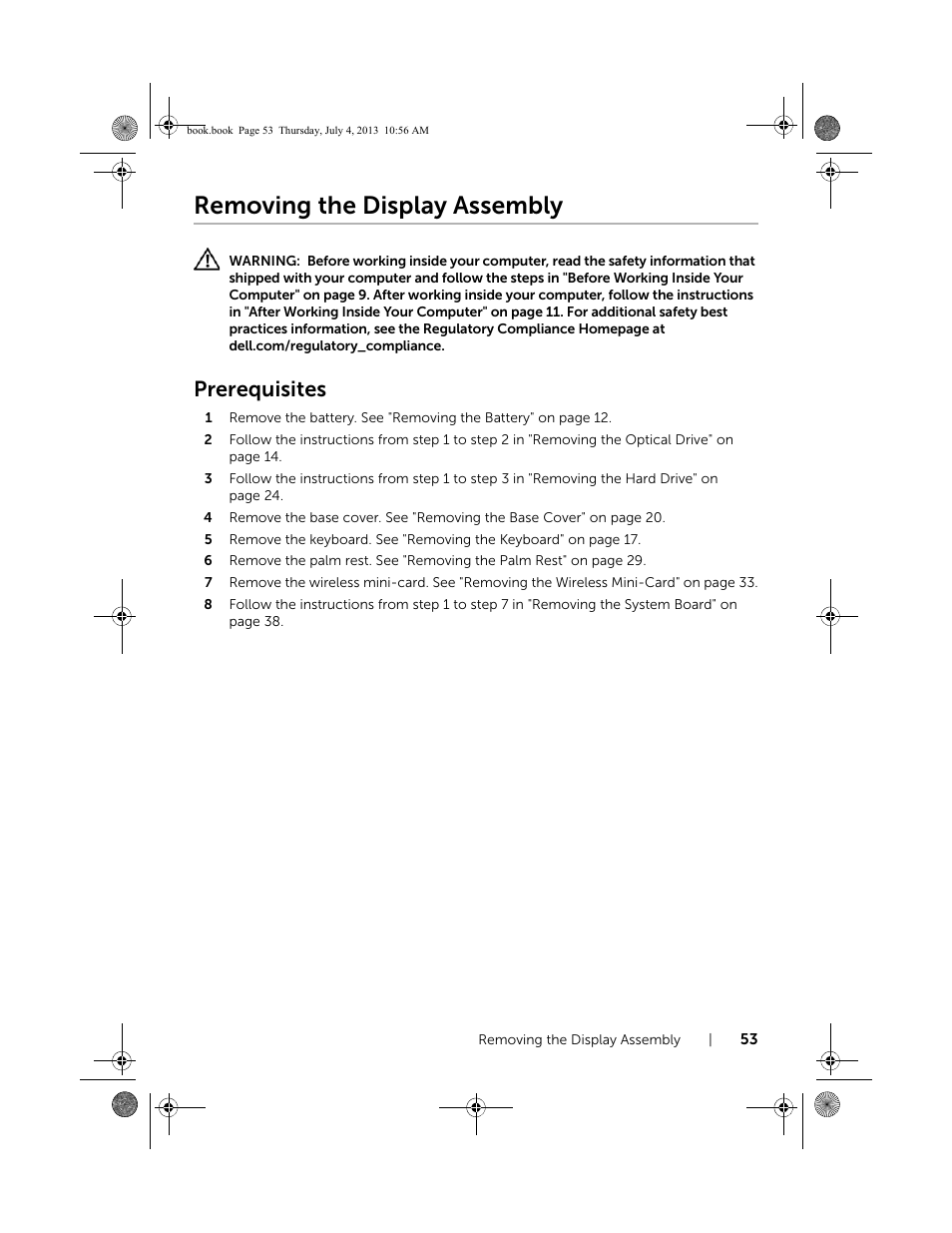 Removing the display assembly, Prerequisites | Dell Inspiron 17 (3737, Mid 2013) User Manual | Page 53 / 71