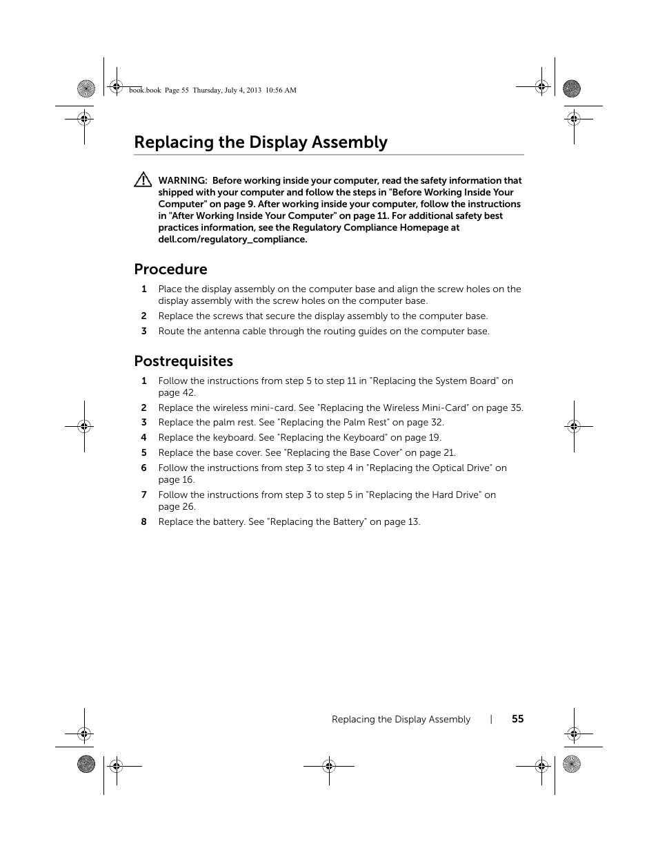 Replacing the display assembly, Procedure, Postrequisites | Dell Inspiron 17 (3737, Mid 2013) User Manual | Page 55 / 71