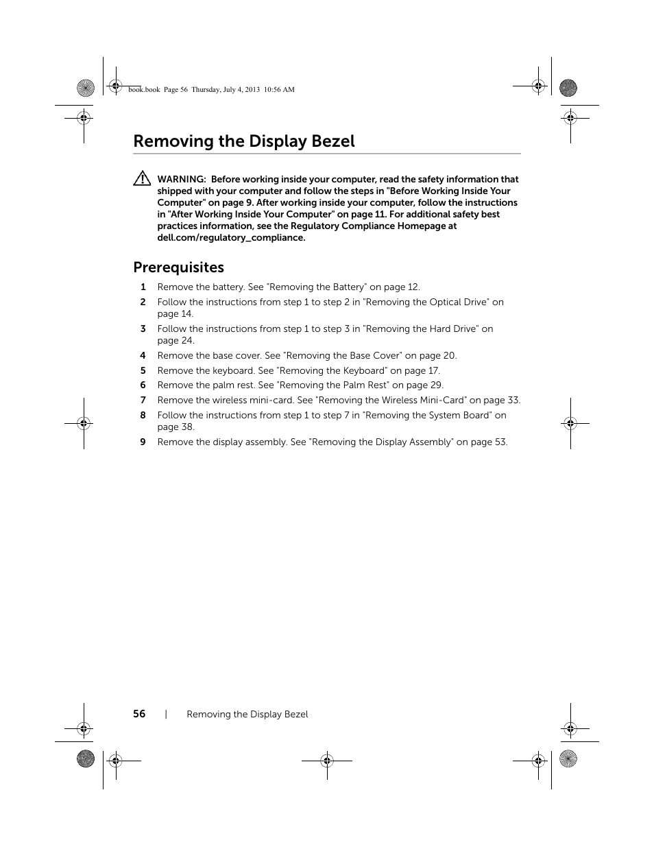 Removing the display bezel, Prerequisites | Dell Inspiron 17 (3737, Mid 2013) User Manual | Page 56 / 71