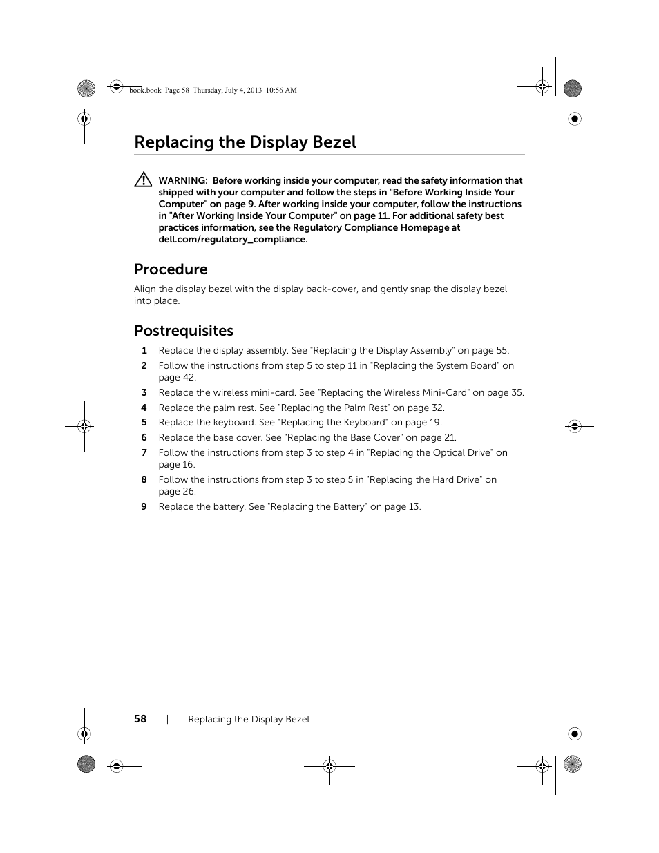 Replacing the display bezel, Procedure, Postrequisites | Dell Inspiron 17 (3737, Mid 2013) User Manual | Page 58 / 71