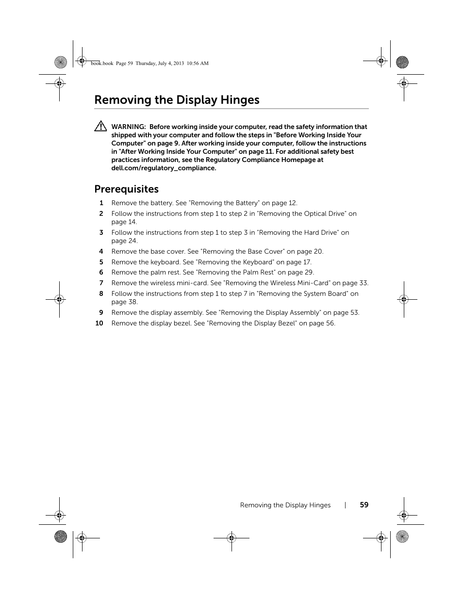 Removing the display hinges, Prerequisites | Dell Inspiron 17 (3737, Mid 2013) User Manual | Page 59 / 71