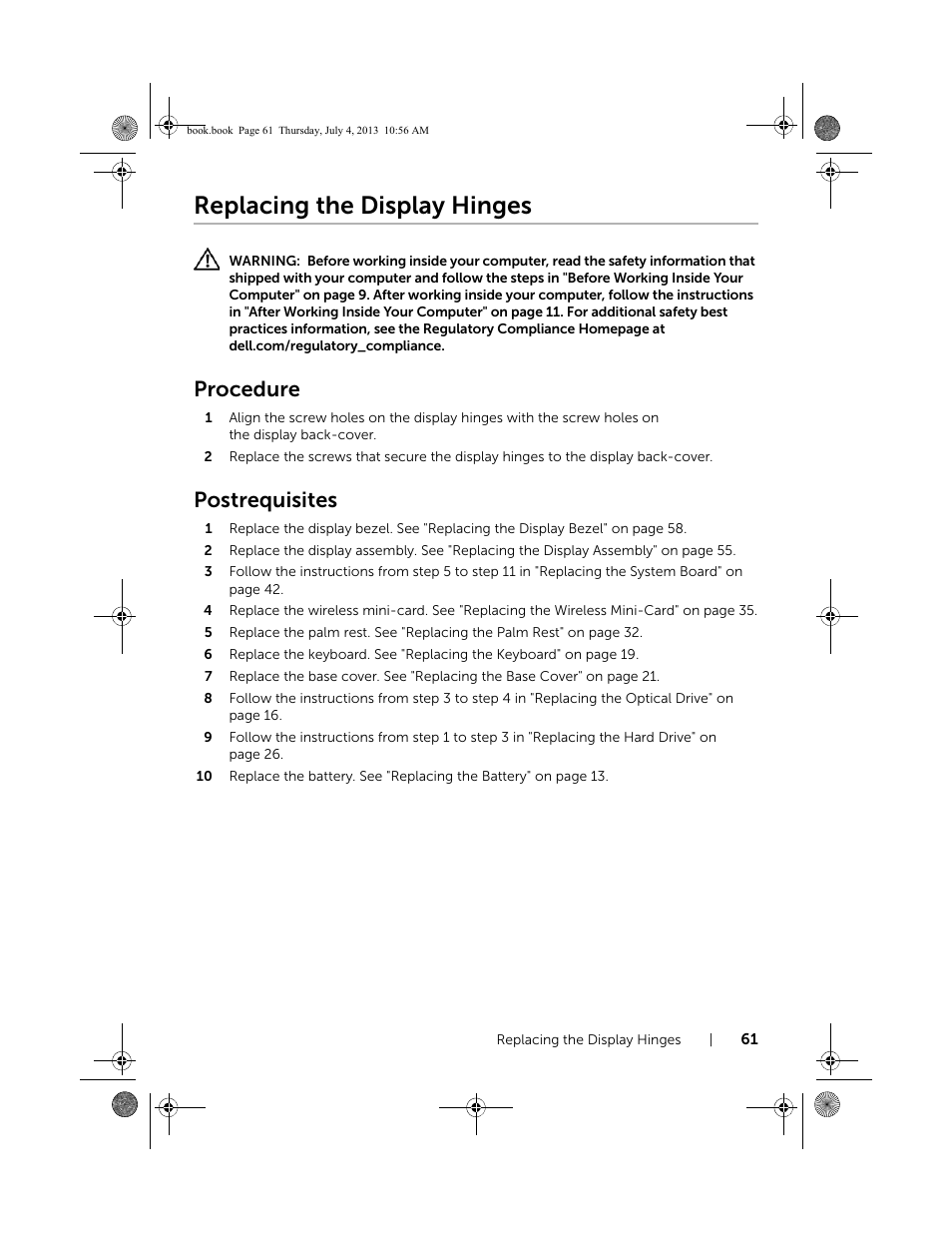 Replacing the display hinges, Procedure, Postrequisites | Dell Inspiron 17 (3737, Mid 2013) User Manual | Page 61 / 71