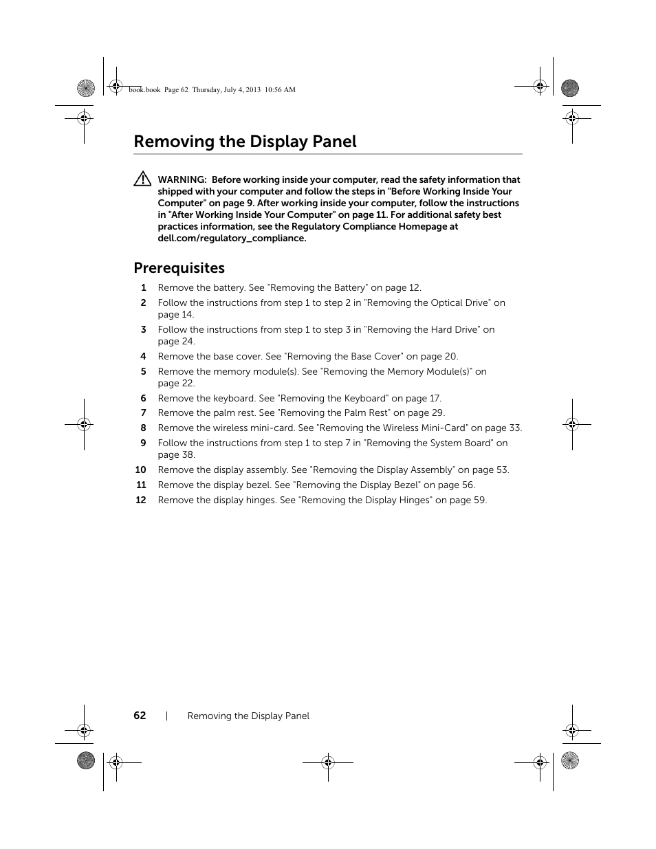 Removing the display panel, Prerequisites | Dell Inspiron 17 (3737, Mid 2013) User Manual | Page 62 / 71