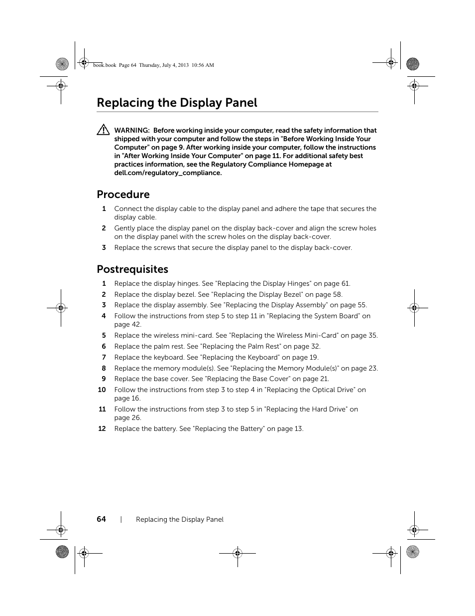 Replacing the display panel, Procedure, Postrequisites | Dell Inspiron 17 (3737, Mid 2013) User Manual | Page 64 / 71