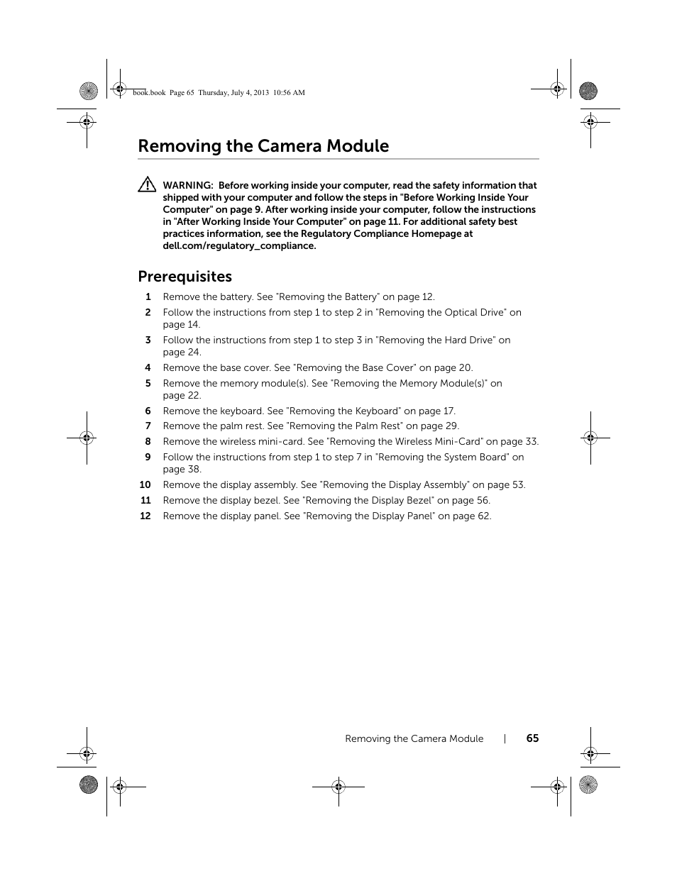 Removing the camera module, Prerequisites | Dell Inspiron 17 (3737, Mid 2013) User Manual | Page 65 / 71