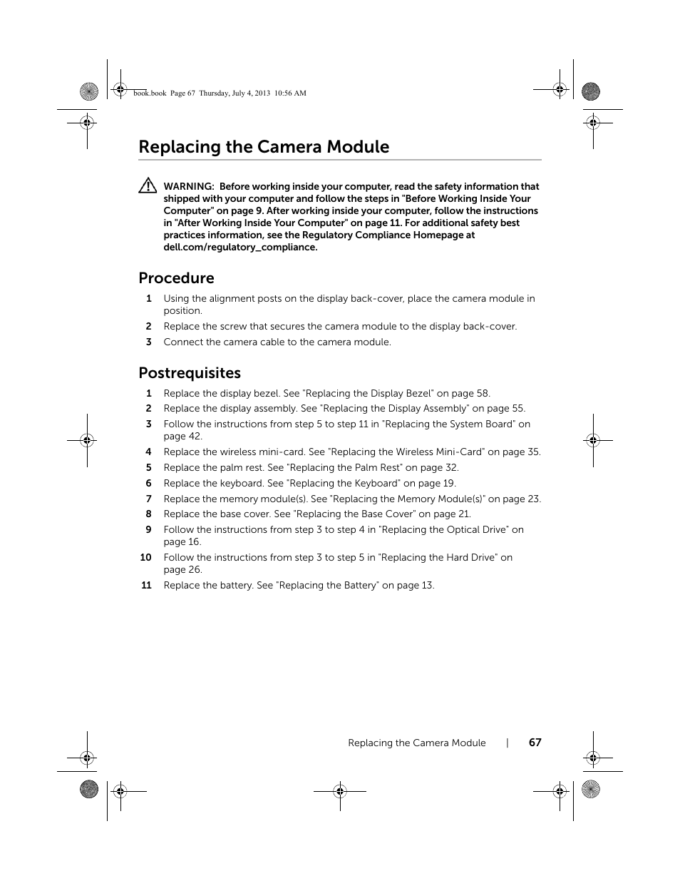 Replacing the camera module, Procedure, Postrequisites | Dell Inspiron 17 (3737, Mid 2013) User Manual | Page 67 / 71