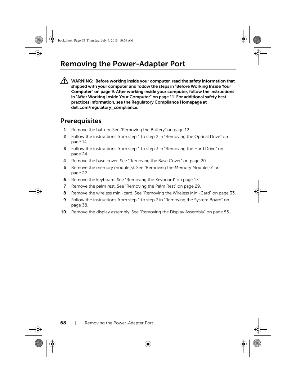 Removing the power-adapter port, Prerequisites | Dell Inspiron 17 (3737, Mid 2013) User Manual | Page 68 / 71