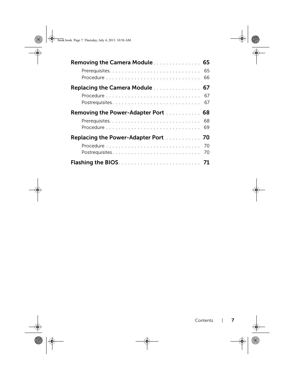 Removing the camera module, Replacing the camera module, Removing the power-adapter port | Replacing the power-adapter port, Flashing the bios | Dell Inspiron 17 (3737, Mid 2013) User Manual | Page 7 / 71
