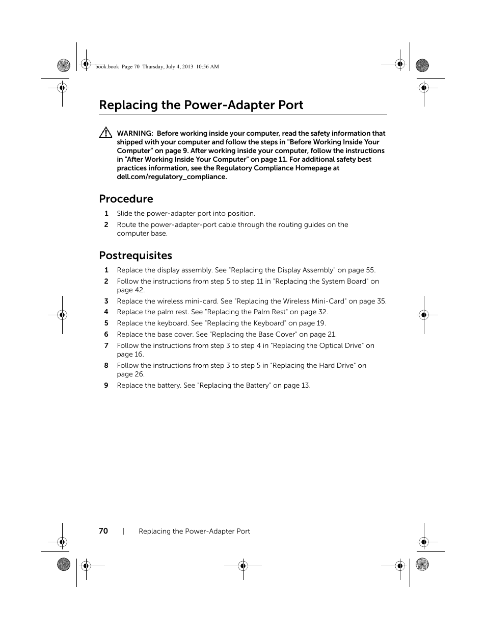 Replacing the power-adapter port, Procedure, Postrequisites | Dell Inspiron 17 (3737, Mid 2013) User Manual | Page 70 / 71