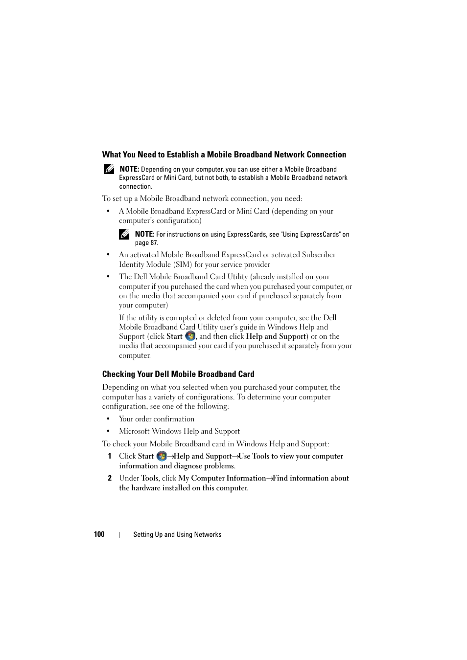 Checking your dell mobile broadband card | Dell Inspiron 1520 (Mid 2007) User Manual | Page 100 / 236