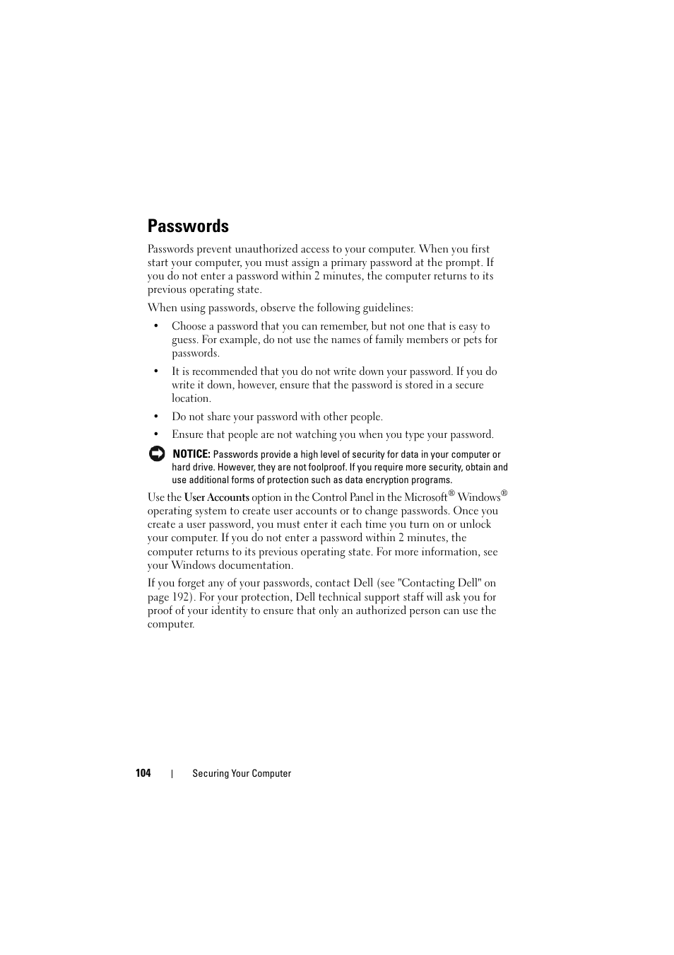 Passwords | Dell Inspiron 1520 (Mid 2007) User Manual | Page 104 / 236