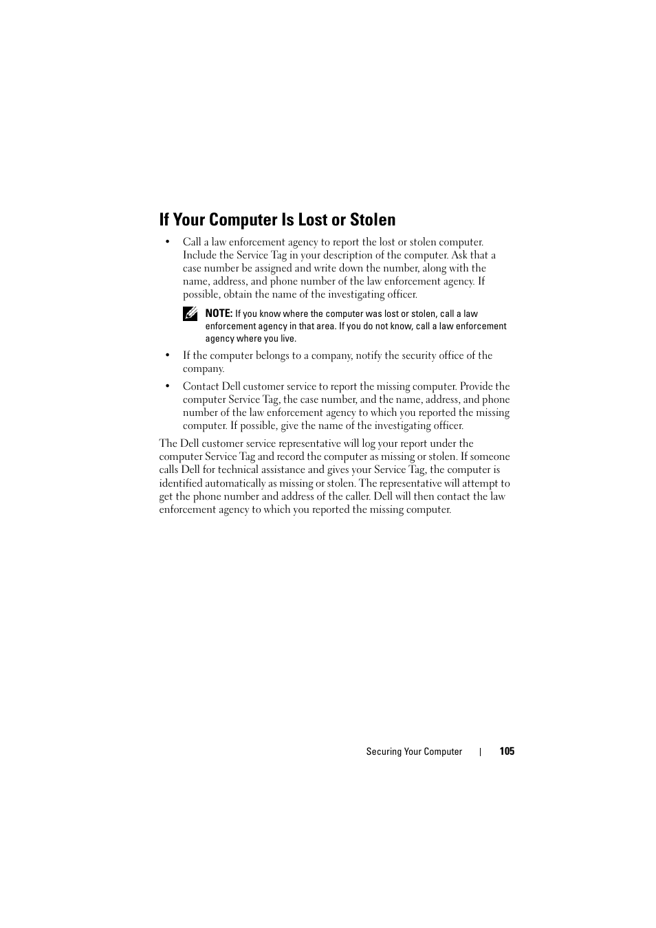 If your computer is lost or stolen | Dell Inspiron 1520 (Mid 2007) User Manual | Page 105 / 236