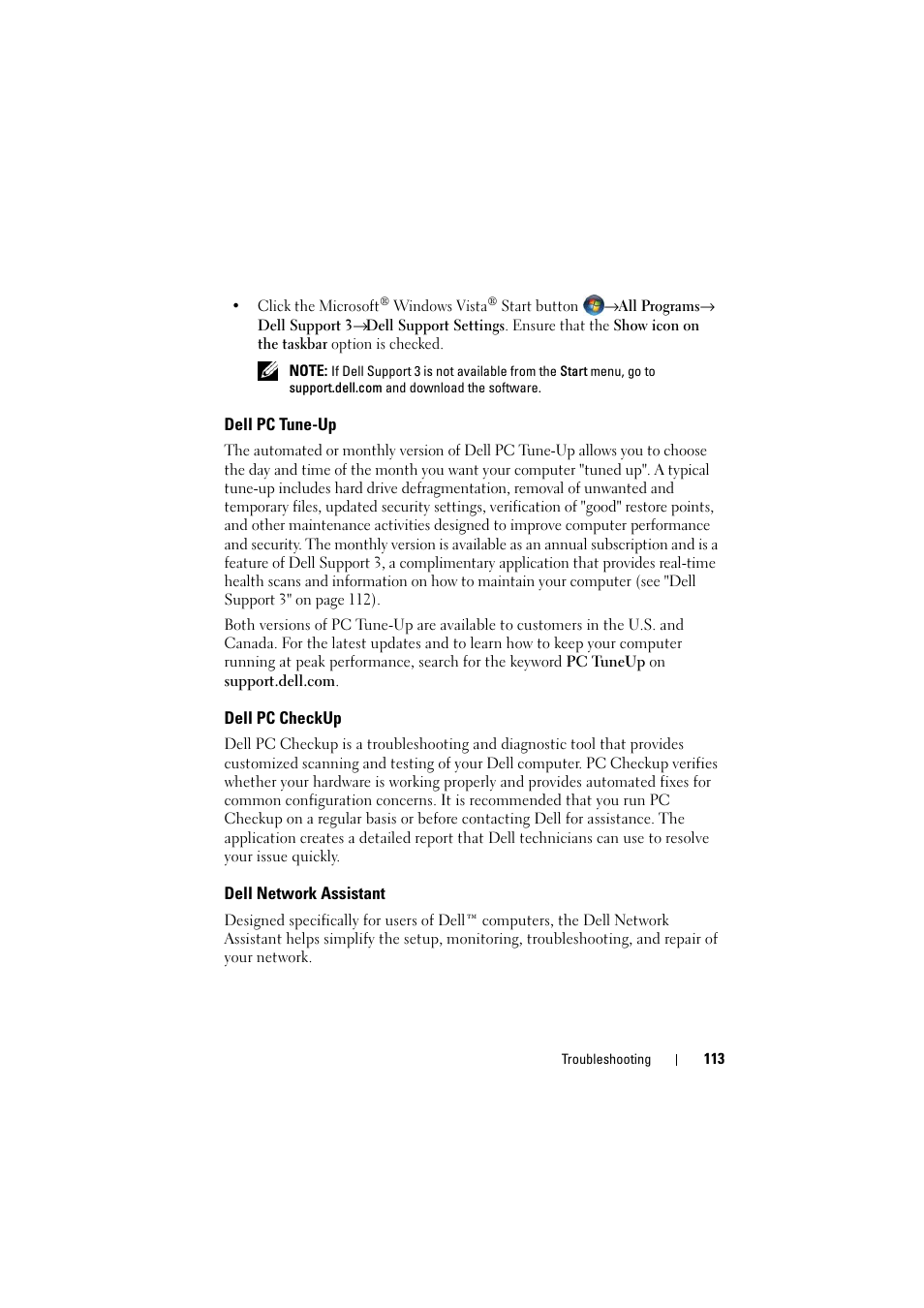 Dell pc tune-up, Dell pc checkup, Dell network assistant | Dell Inspiron 1520 (Mid 2007) User Manual | Page 113 / 236