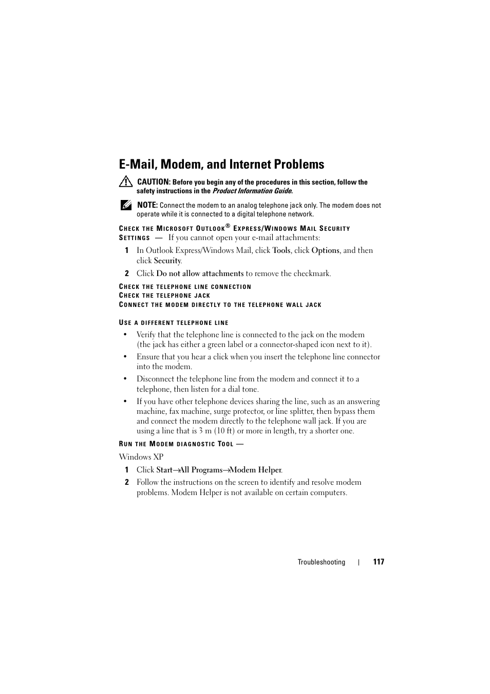 E-mail, modem, and internet problems | Dell Inspiron 1520 (Mid 2007) User Manual | Page 117 / 236