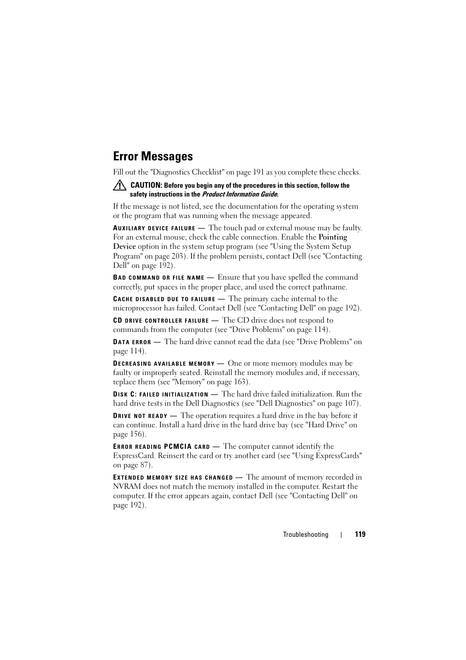 Error messages | Dell Inspiron 1520 (Mid 2007) User Manual | Page 119 / 236