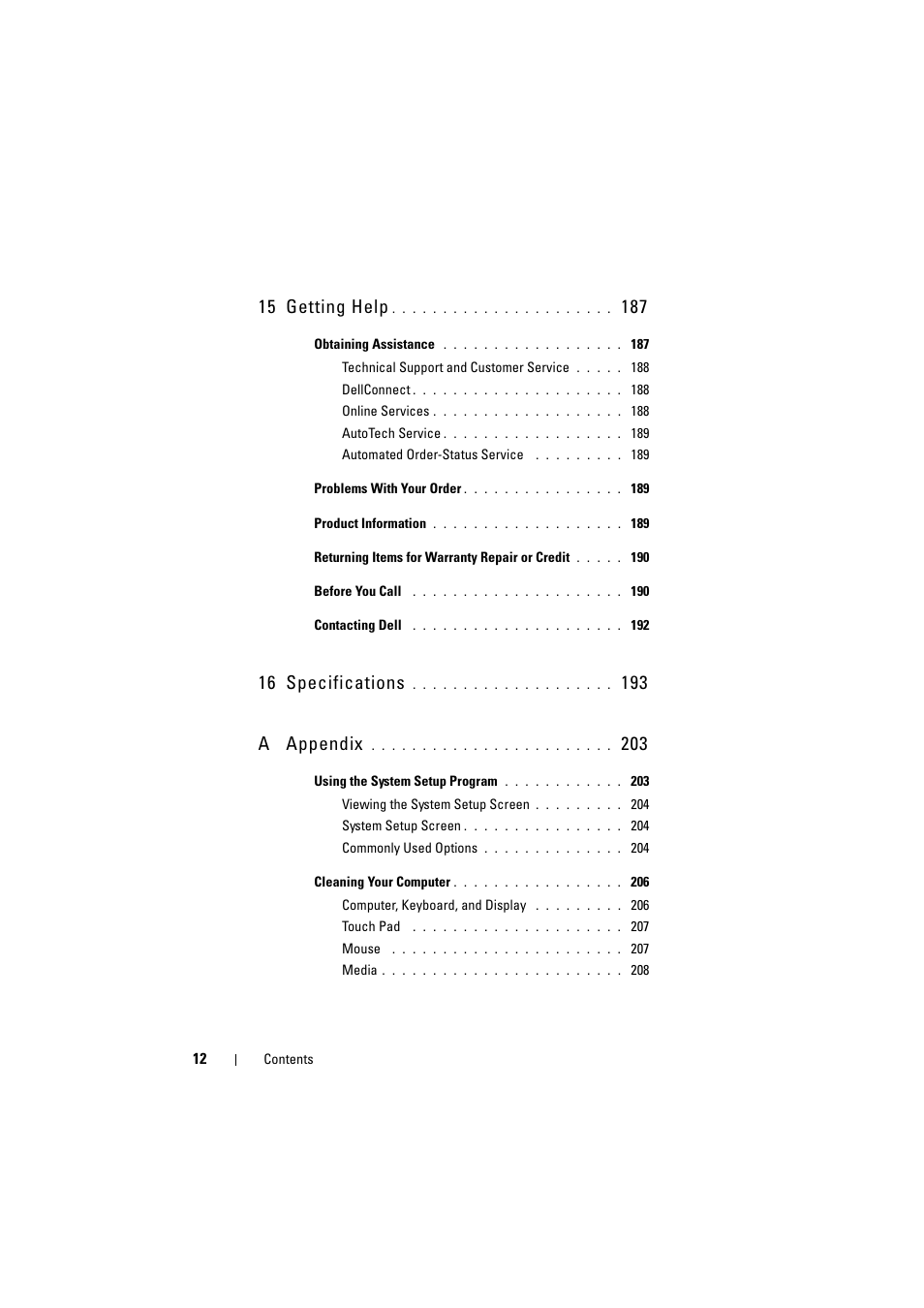 15 getting help, 16 specifications, 193 a appendix | Dell Inspiron 1520 (Mid 2007) User Manual | Page 12 / 236