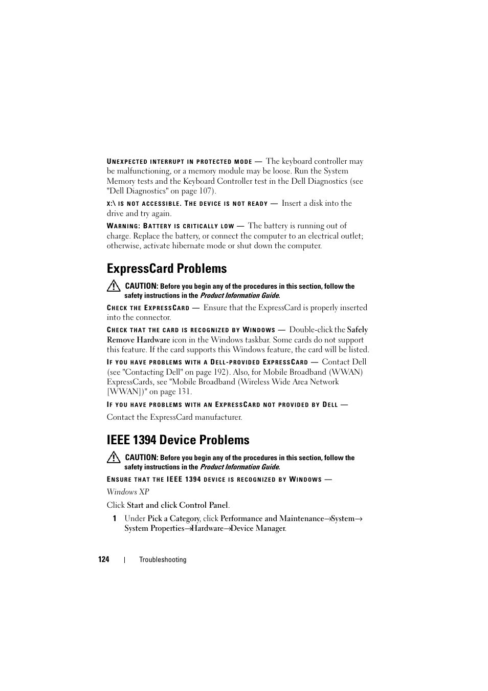 Expresscard problems, Ieee 1394 device problems | Dell Inspiron 1520 (Mid 2007) User Manual | Page 124 / 236