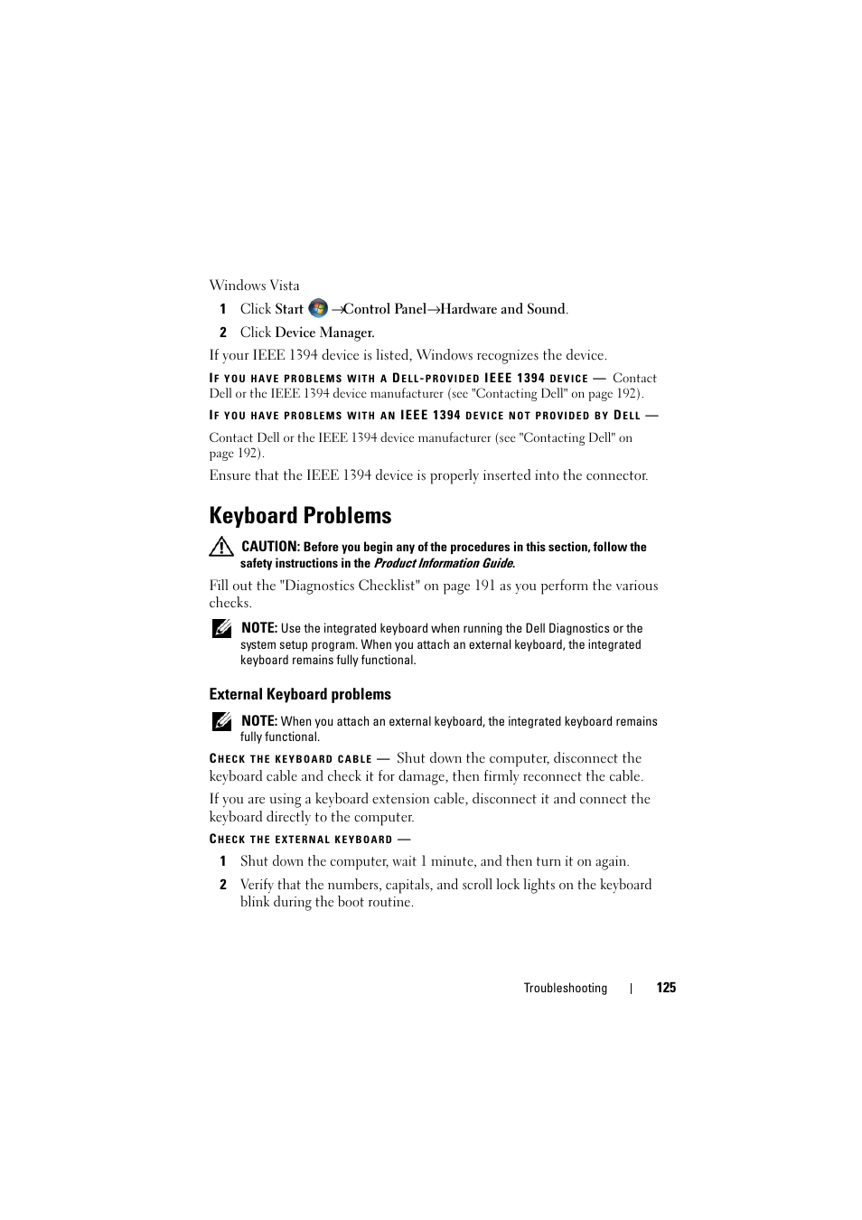 Keyboard problems, External keyboard problems | Dell Inspiron 1520 (Mid 2007) User Manual | Page 125 / 236