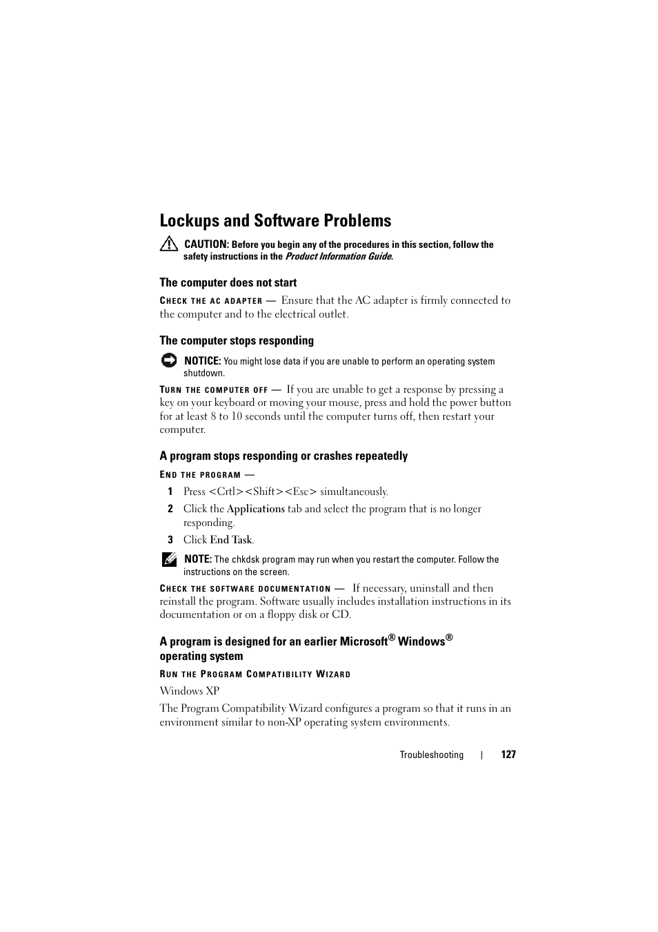 Lockups and software problems, The computer does not start, The computer stops responding | A program stops responding or crashes repeatedly, A program is designed for an earlier microsoft | Dell Inspiron 1520 (Mid 2007) User Manual | Page 127 / 236