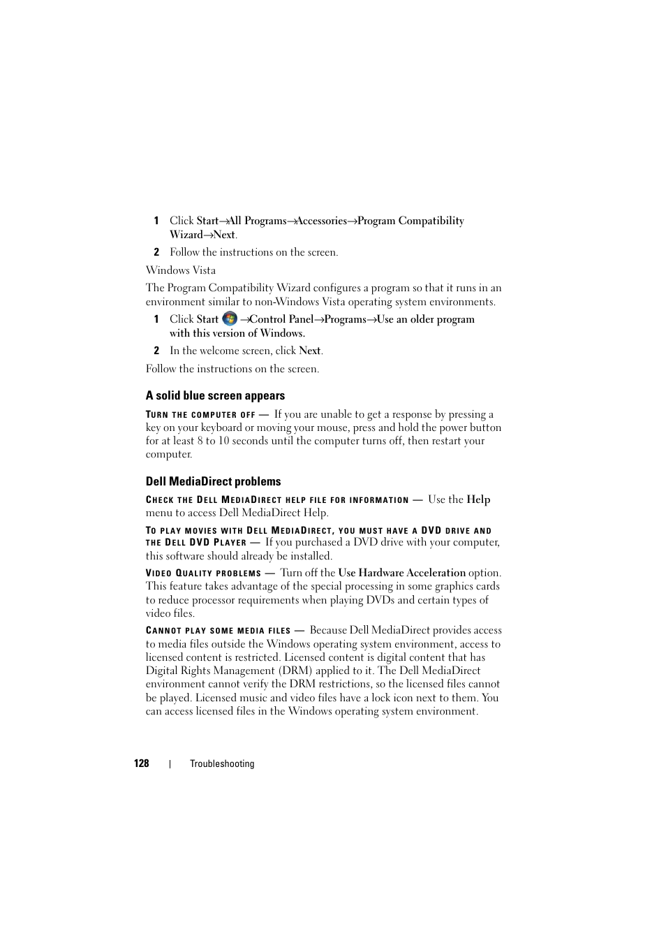 A solid blue screen appears, Dell mediadirect problems | Dell Inspiron 1520 (Mid 2007) User Manual | Page 128 / 236