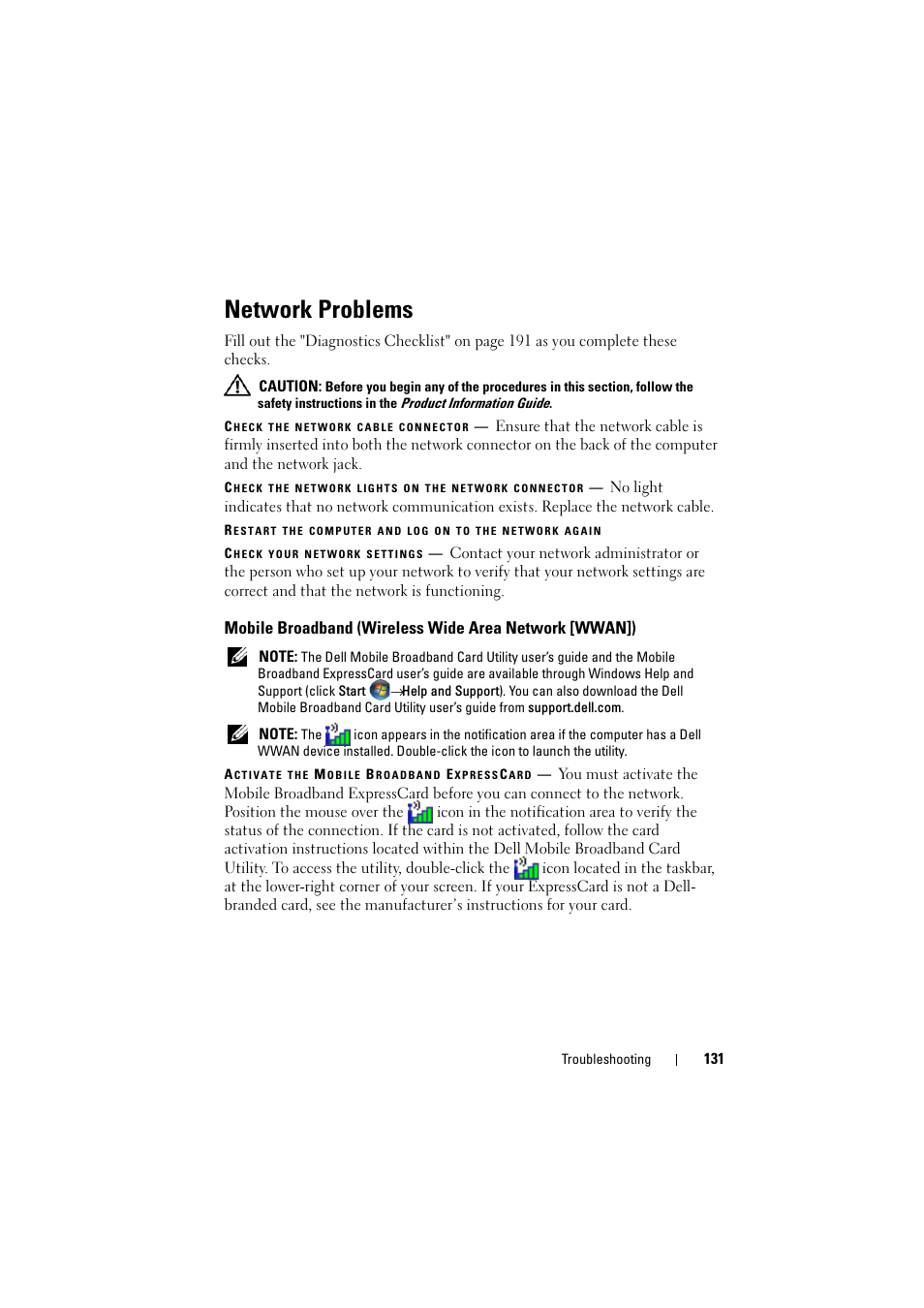 Network problems | Dell Inspiron 1520 (Mid 2007) User Manual | Page 131 / 236