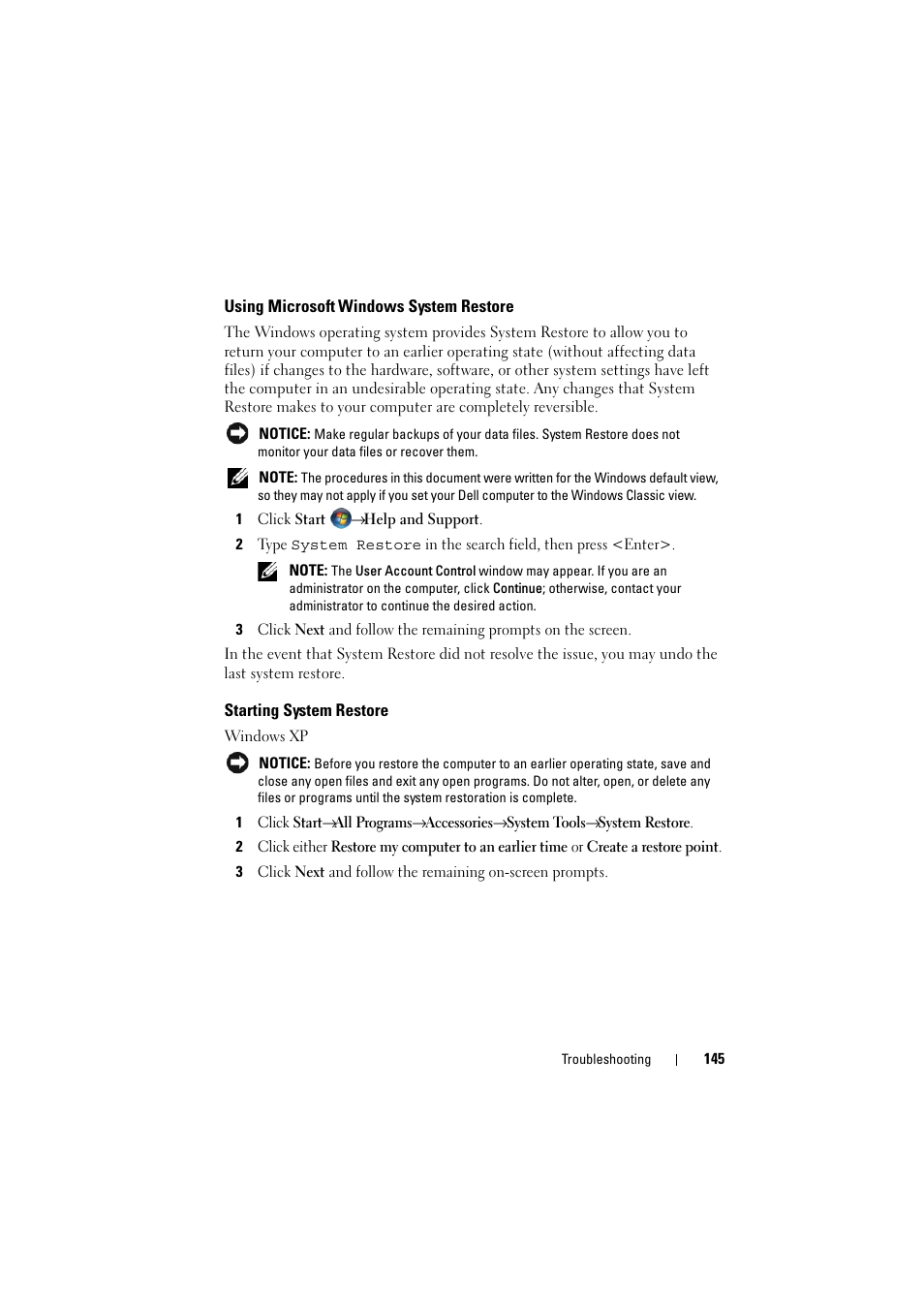 Using microsoft windows system restore, Starting system restore, Using microsoft | Ons, see "using microsoft | Dell Inspiron 1520 (Mid 2007) User Manual | Page 145 / 236