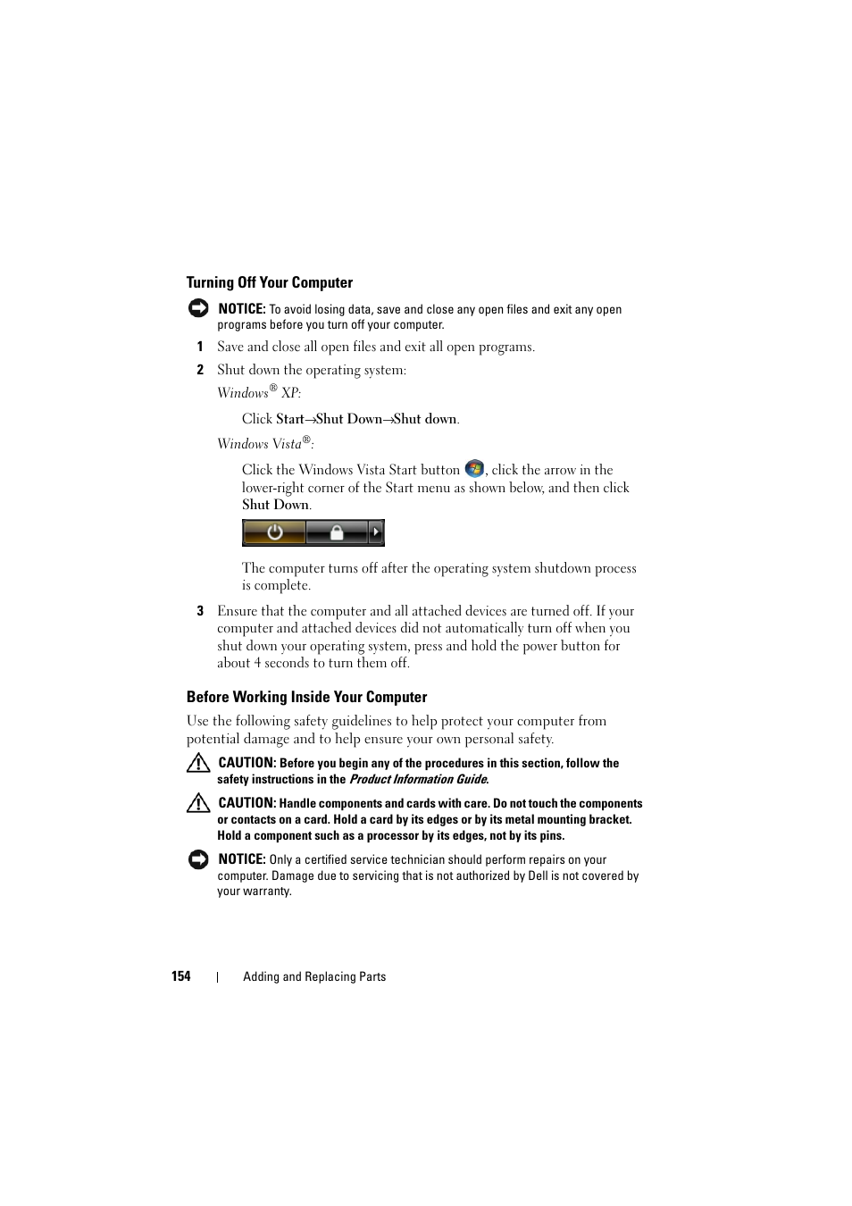 Turning off your computer, Before working inside your computer | Dell Inspiron 1520 (Mid 2007) User Manual | Page 154 / 236