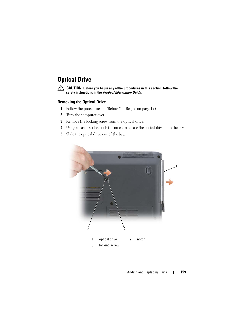 Optical drive, Removing the optical drive | Dell Inspiron 1520 (Mid 2007) User Manual | Page 159 / 236