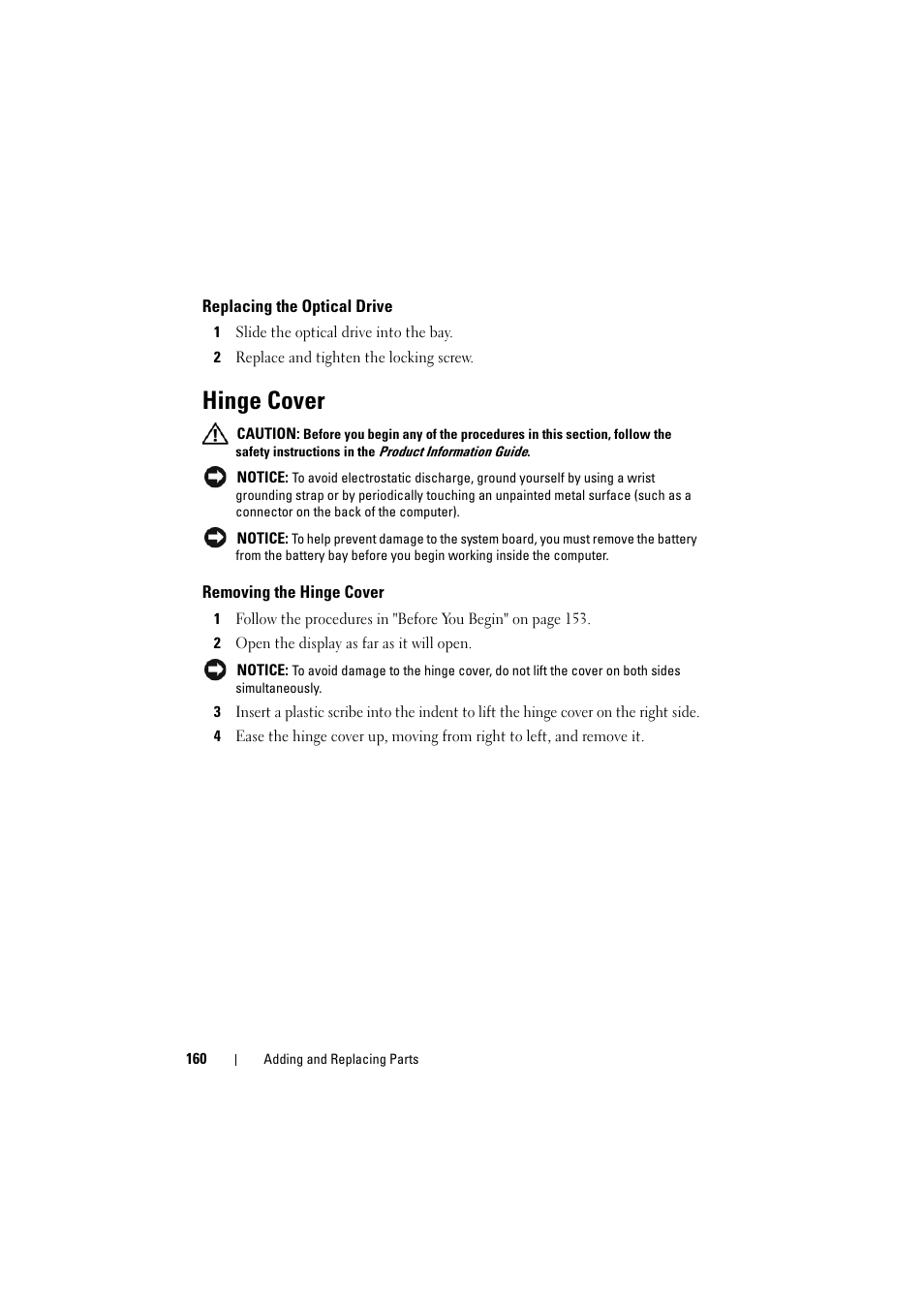 Replacing the optical drive, Hinge cover, Removing the hinge cover | Dell Inspiron 1520 (Mid 2007) User Manual | Page 160 / 236