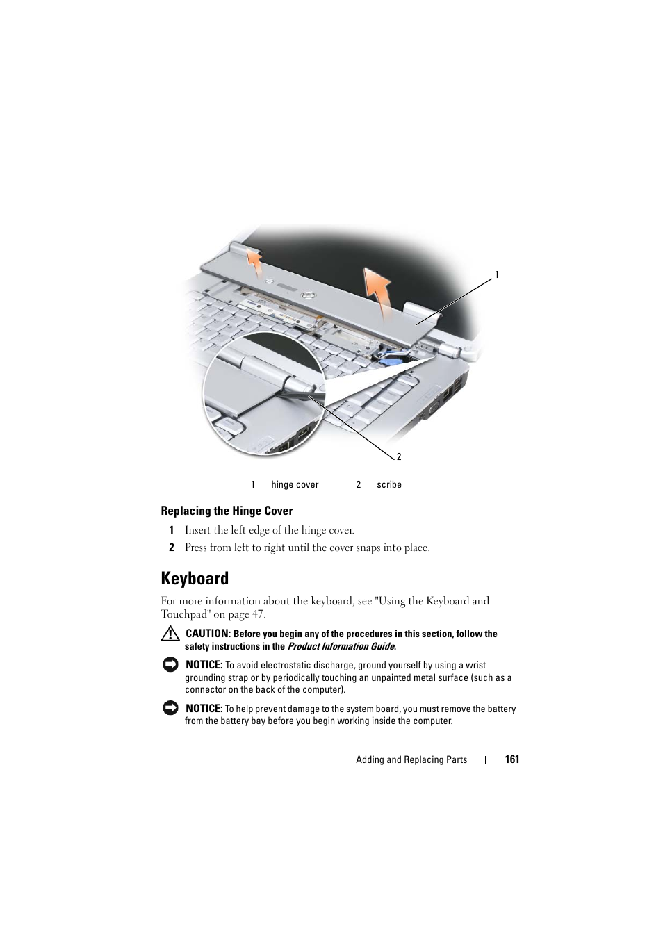 Replacing the hinge cover, Keyboard | Dell Inspiron 1520 (Mid 2007) User Manual | Page 161 / 236