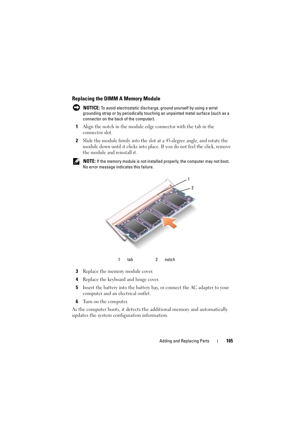 Replacing the dimm a memory module | Dell Inspiron 1520 (Mid 2007) User Manual | Page 165 / 236