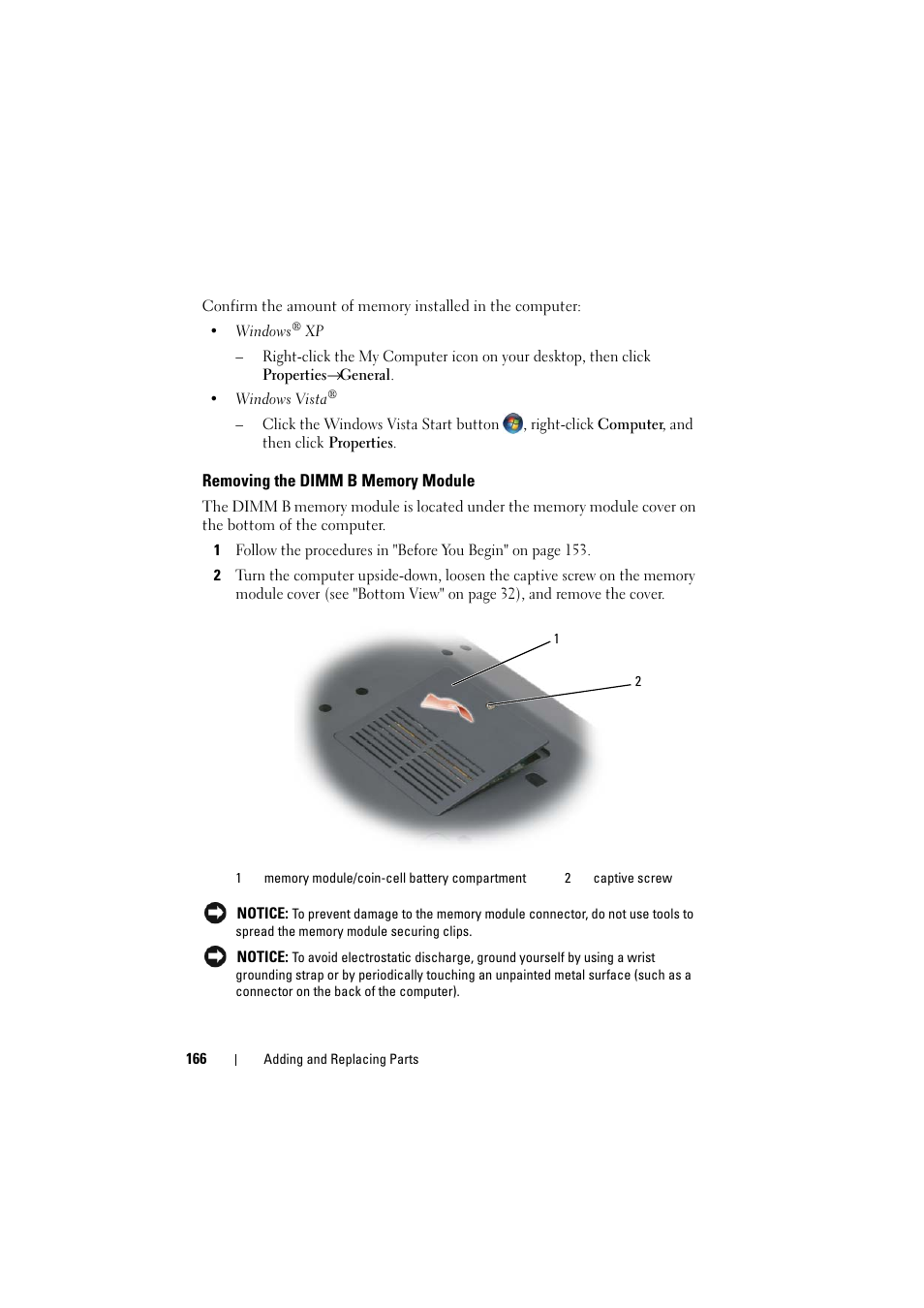 Removing the dimm b memory module | Dell Inspiron 1520 (Mid 2007) User Manual | Page 166 / 236