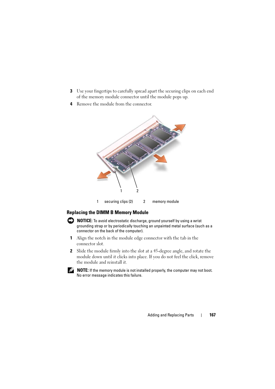 Replacing the dimm b memory module | Dell Inspiron 1520 (Mid 2007) User Manual | Page 167 / 236