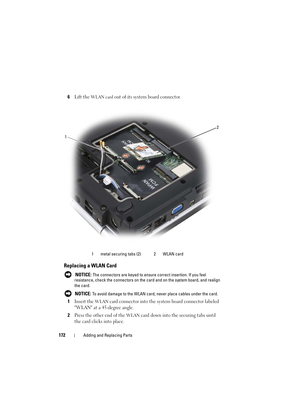 Replacing a wlan card | Dell Inspiron 1520 (Mid 2007) User Manual | Page 172 / 236