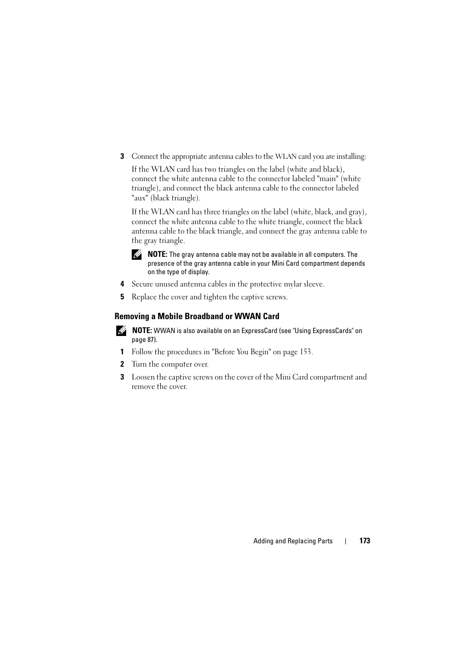 Removing a mobile broadband or wwan card | Dell Inspiron 1520 (Mid 2007) User Manual | Page 173 / 236