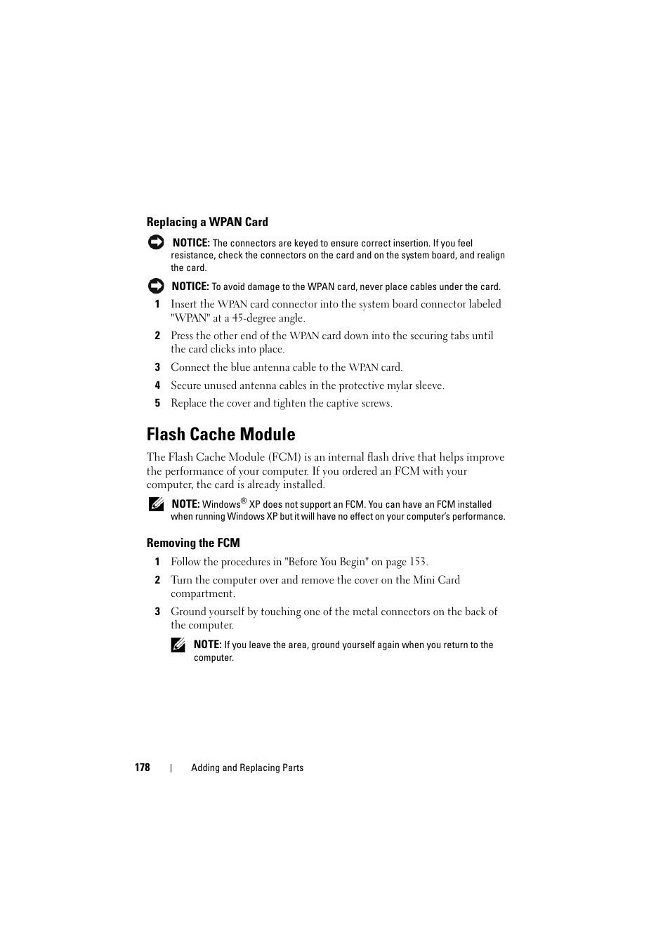 Replacing a wpan card, Flash cache module, Removing the fcm | Dell Inspiron 1520 (Mid 2007) User Manual | Page 178 / 236