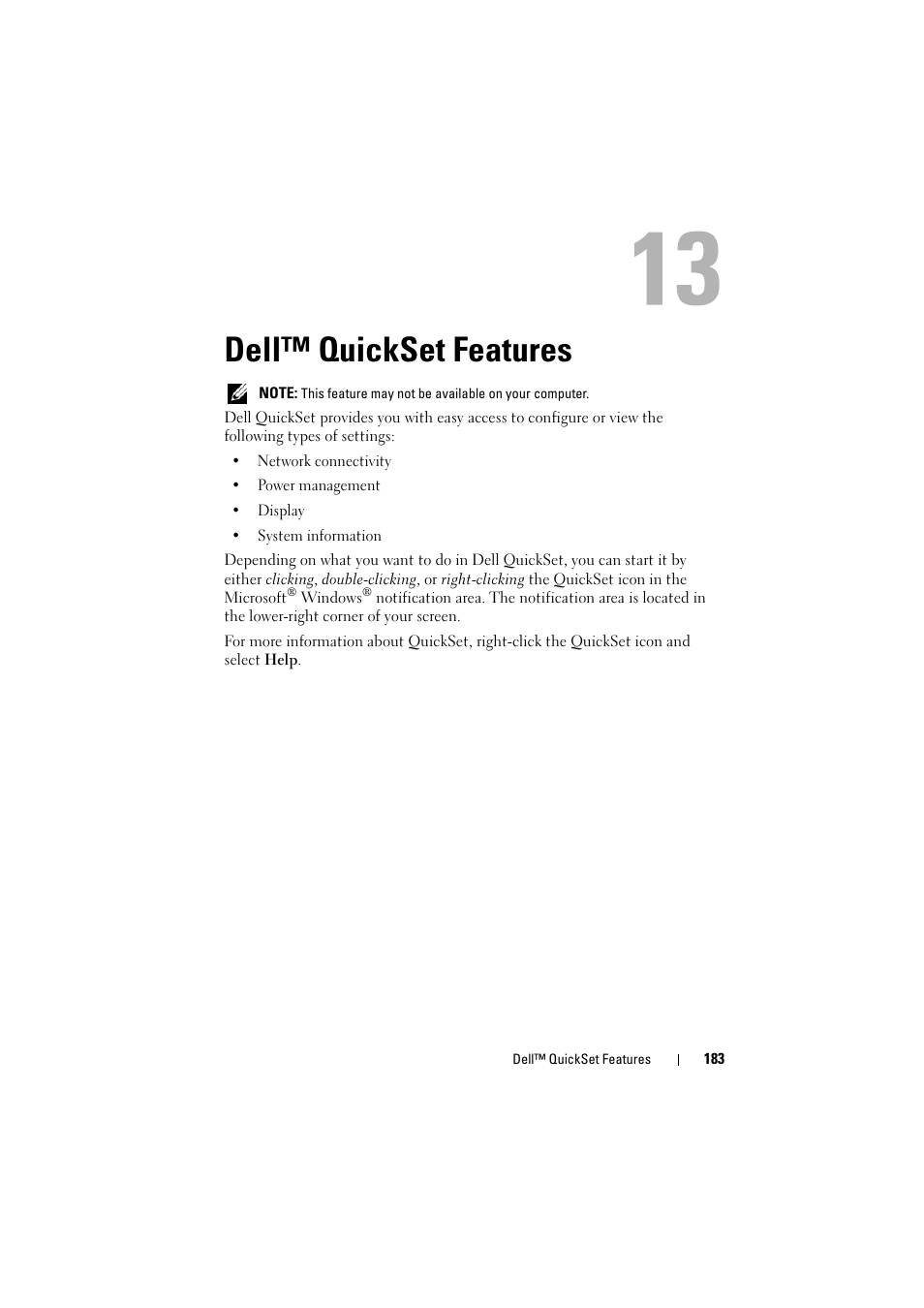 Dell™ quickset features | Dell Inspiron 1520 (Mid 2007) User Manual | Page 183 / 236