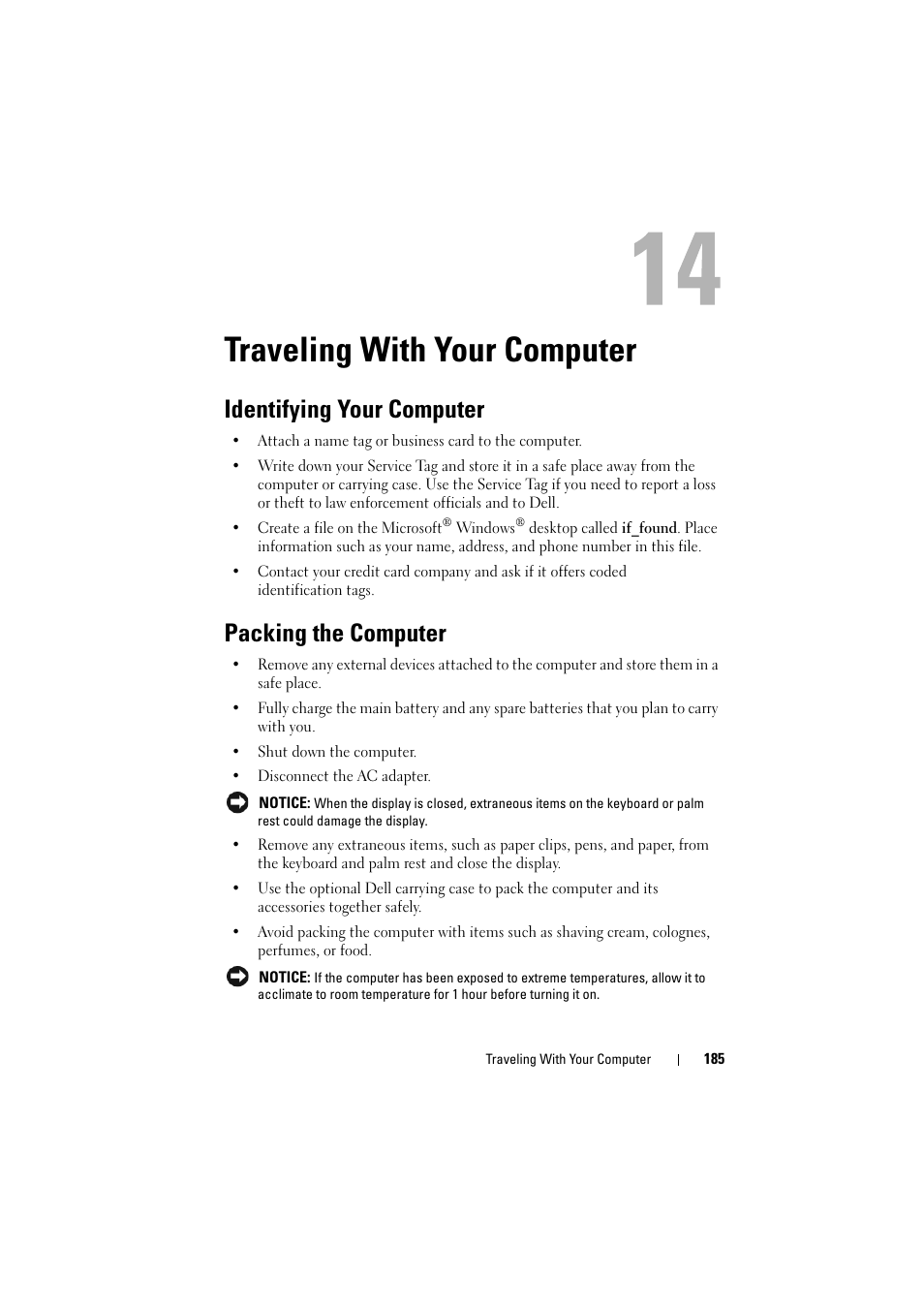 Traveling with your computer, Identifying your computer, Packing the computer | Dell Inspiron 1520 (Mid 2007) User Manual | Page 185 / 236