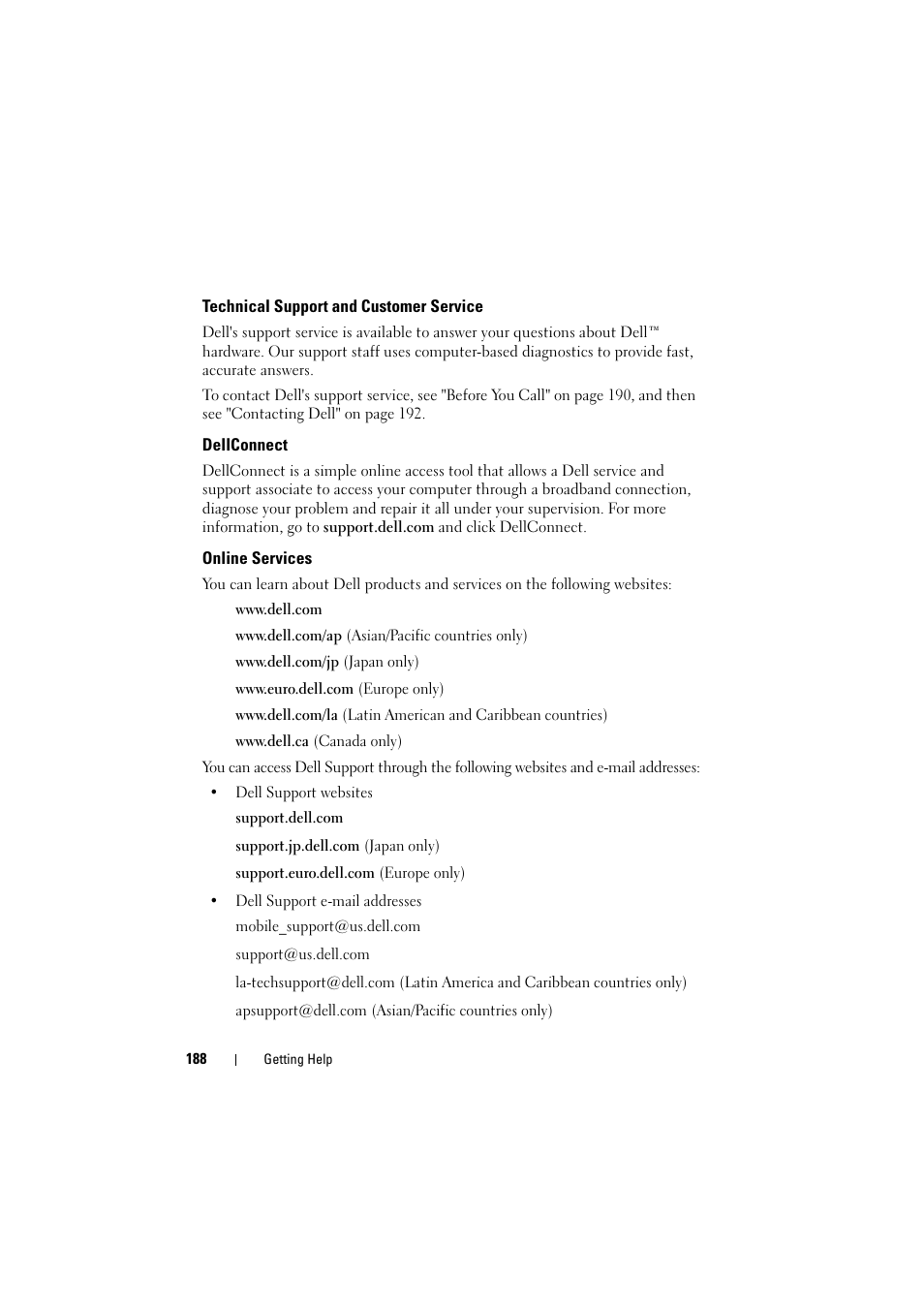 Technical support and customer service, Dellconnect, Online services | Dell Inspiron 1520 (Mid 2007) User Manual | Page 188 / 236