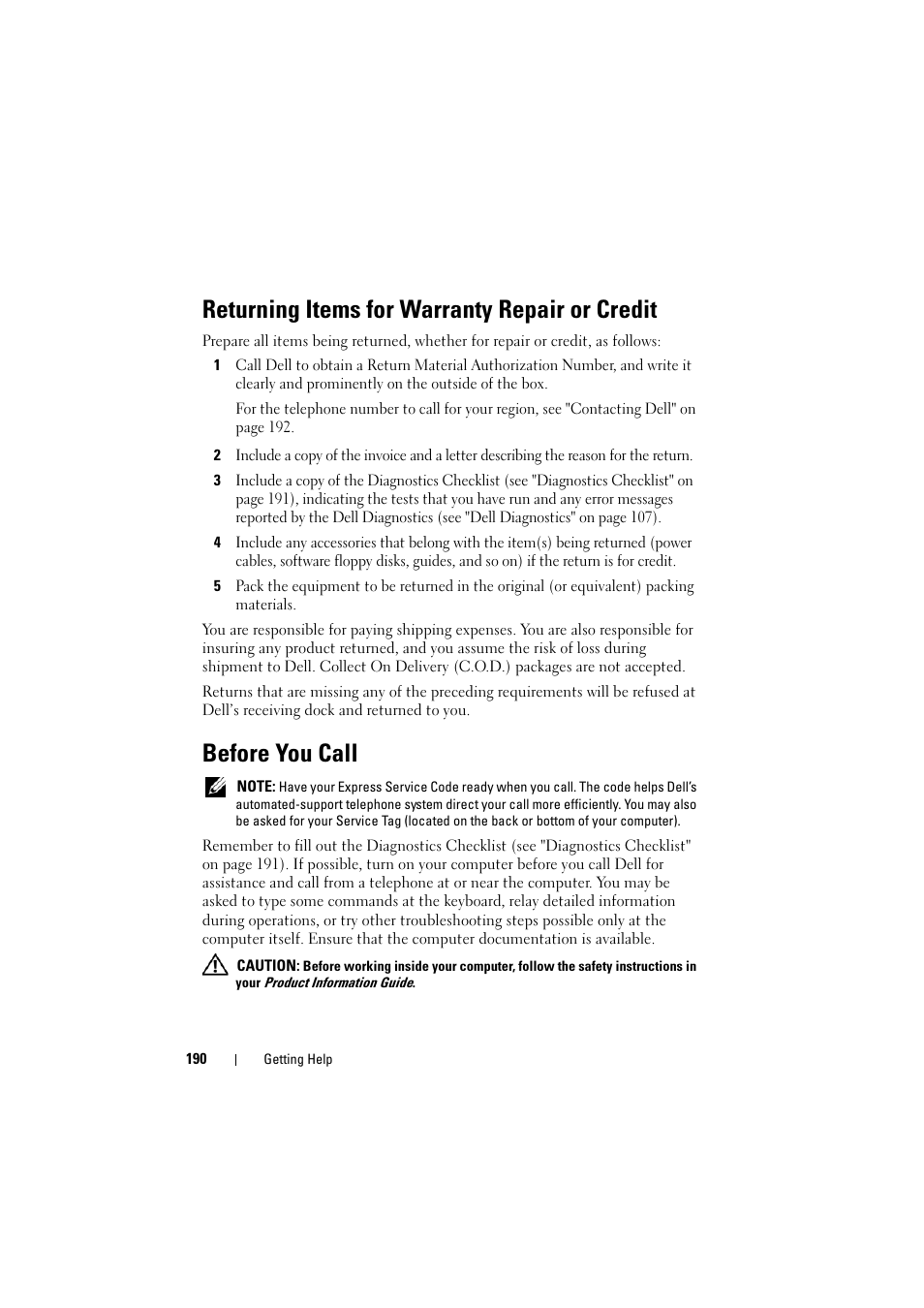 Returning items for warranty repair or credit, Before you call | Dell Inspiron 1520 (Mid 2007) User Manual | Page 190 / 236