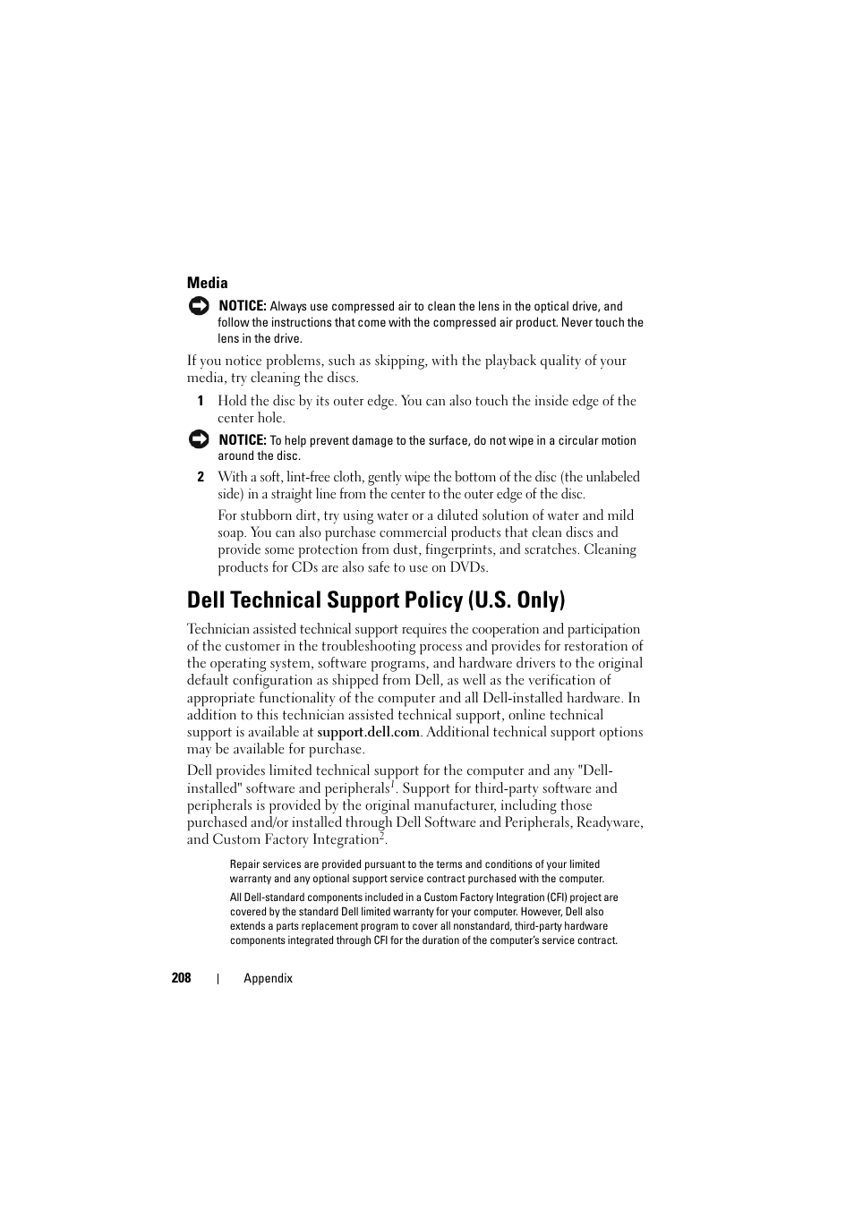 Media, Dell technical support policy (u.s. only) | Dell Inspiron 1520 (Mid 2007) User Manual | Page 208 / 236