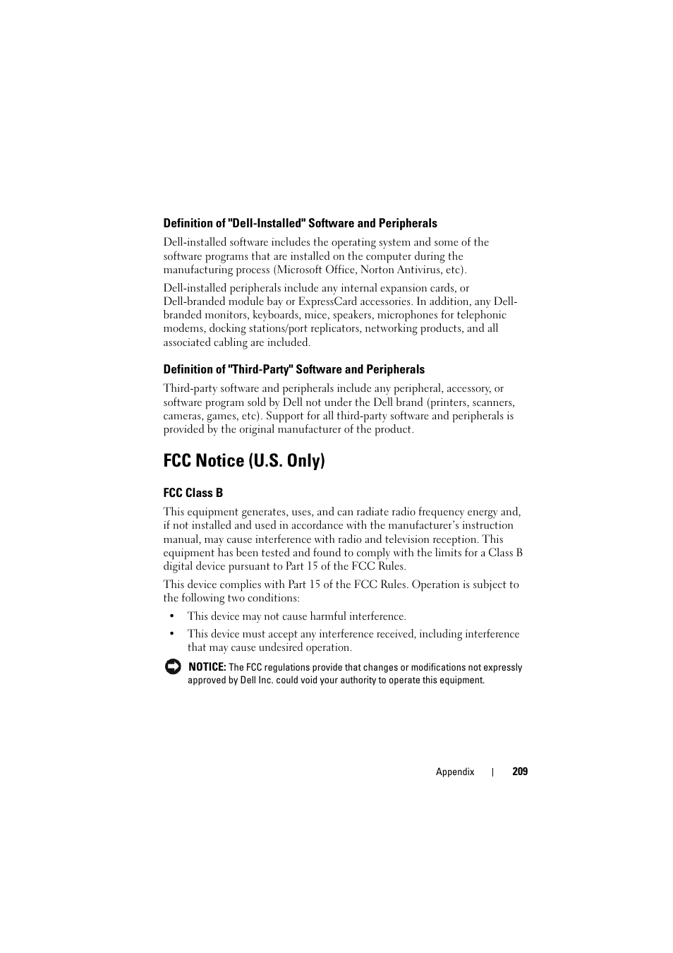 Fcc notice (u.s. only), Fcc class b | Dell Inspiron 1520 (Mid 2007) User Manual | Page 209 / 236