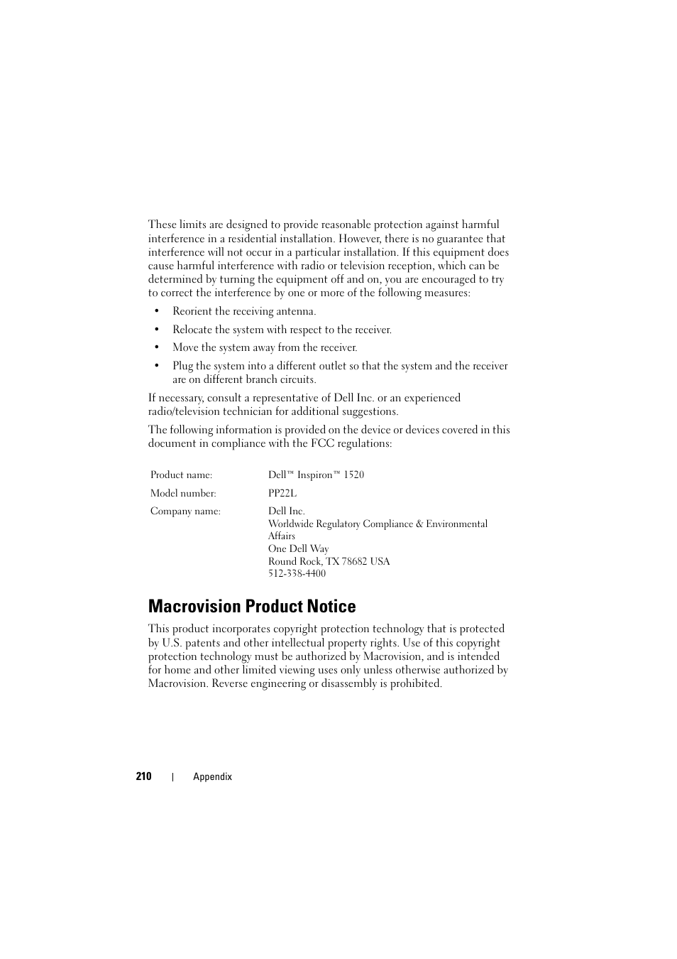 Macrovision product notice | Dell Inspiron 1520 (Mid 2007) User Manual | Page 210 / 236