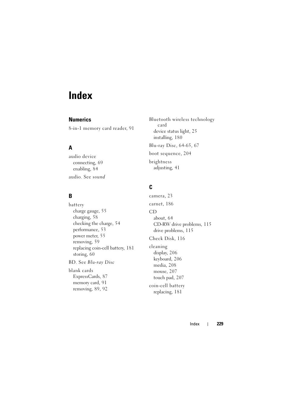 Index | Dell Inspiron 1520 (Mid 2007) User Manual | Page 229 / 236