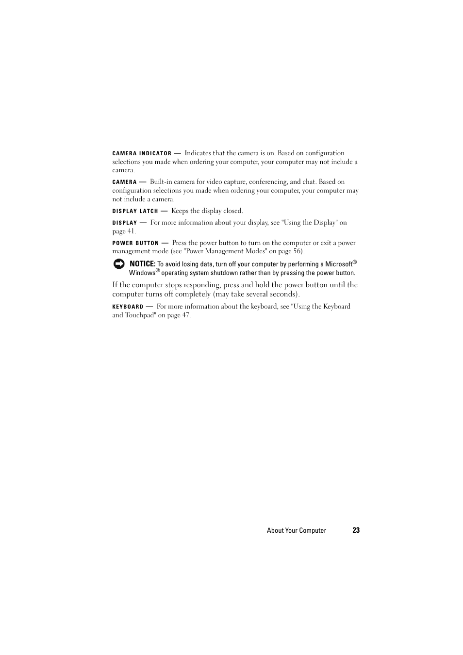 Camera indicator (opti, Camera (optional), Display latch | Display, Power button, Keyboard | Dell Inspiron 1520 (Mid 2007) User Manual | Page 23 / 236