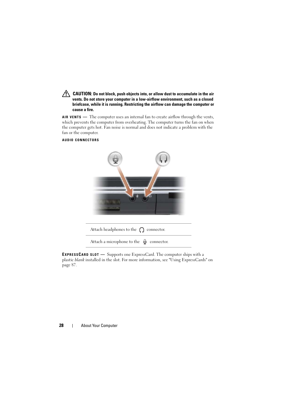 Air vents, Audio connectors, Expresscard slot | Dell Inspiron 1520 (Mid 2007) User Manual | Page 28 / 236